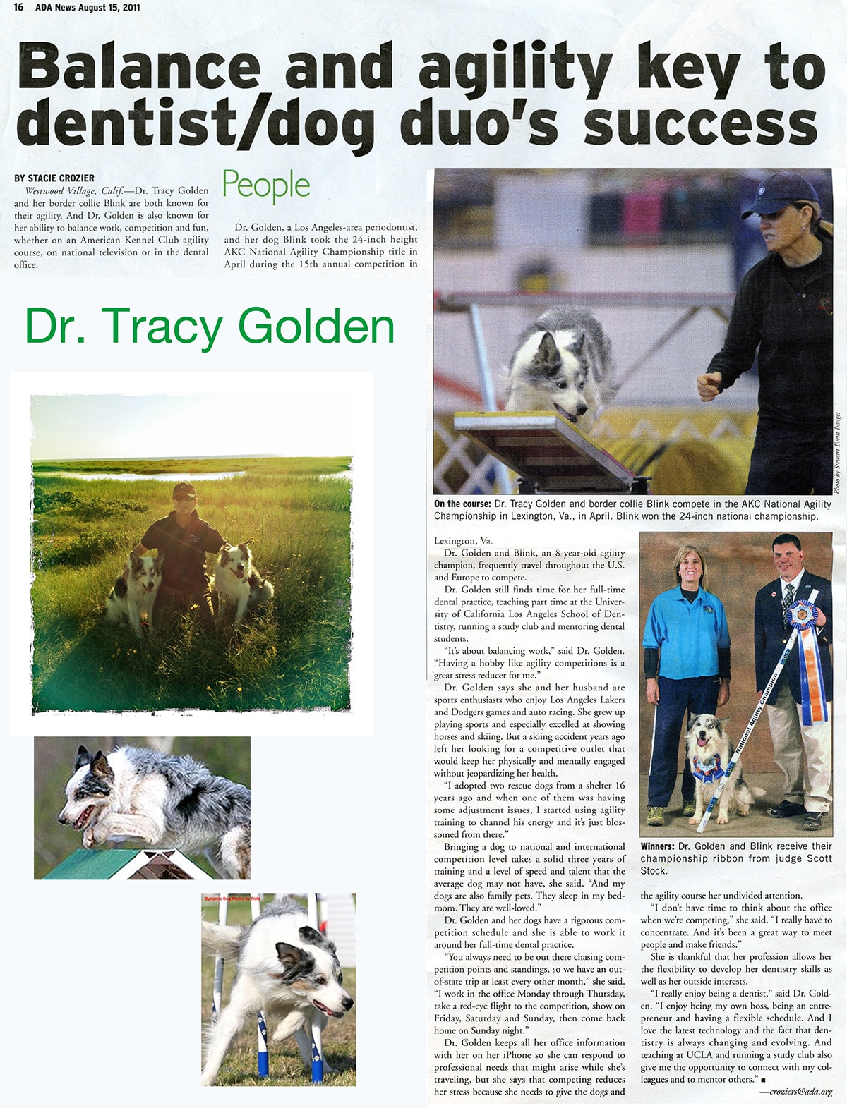 ADA News article: Balance and agility key to dentist/dog duo's success – Dr. Tracy Golden